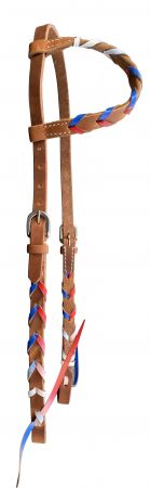 Showman Argentina Cow Leather one ear headstall with red, white and blue lacing