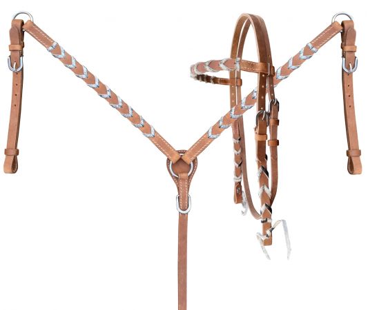 Showman Argentina Leather browband headstall and breast collar set with hair on cowhide lacing