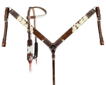 Showman Brown and White hair on cowhide Single Ear Headstall and Breast Collar Set