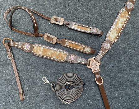 Showman Brown and White hair on cowhide One Ear Headstall and Breast Collar Set, with rawhide lacing #3