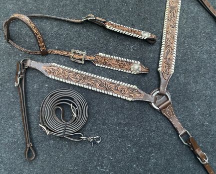 Showman Two-Tone Tooled Single Ear Headstall and Breastcollar Set with Rawhide Lacing #2
