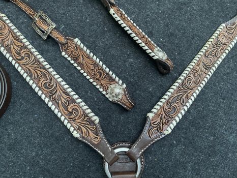 Showman Two-Tone Tooled Single Ear Headstall and Breastcollar Set with Rawhide Lacing #3