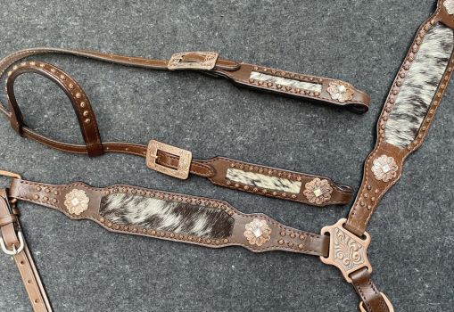 Showman Black &amp; White speckled hair on cowhide inlay Single Ear Headstall and Breast Collar Set #3