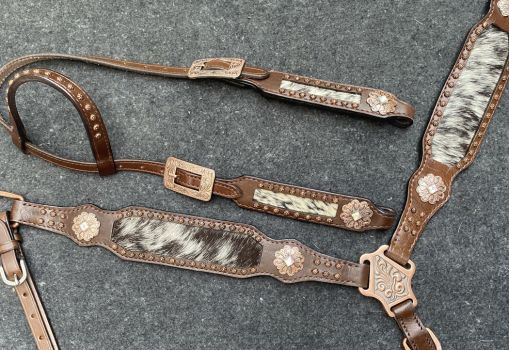 Showman Black &amp; White Hair on Cowhide Single Ear Headstall and Breastcollar Set #3