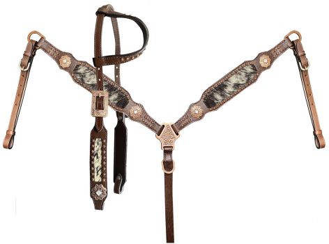 Showman Black &amp; White speckled hair on cowhide inlay Single Ear Headstall and Breast Collar Set