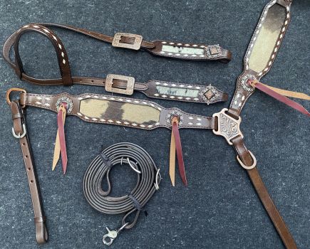 Showman Black &amp; White hair on cowhide inlay Single Ear Headstall and Breast Collar Set #2