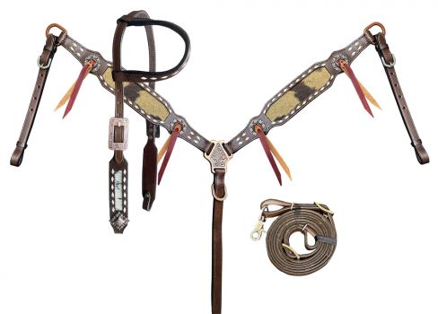 Showman Black &amp; White hair on cowhide inlay Single Ear Headstall and Breast Collar Set