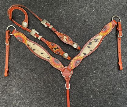 Showman Medium Oil Painted Sunflower One Ear Headstall &amp; Breast Collar Set with Hair on Cowhide #2
