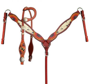 Showman Medium Oil Painted Sunflower One Ear Headstall &amp; Breast Collar Set with Hair on Cowhide