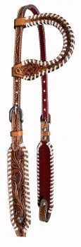 Showman Floral Tooled One Ear Leather Headstall with white rawhide whipstitching