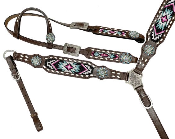 Showman Pink and Teal Beaded One Ear Headstall and Breastcollar Set with bling conchos #2