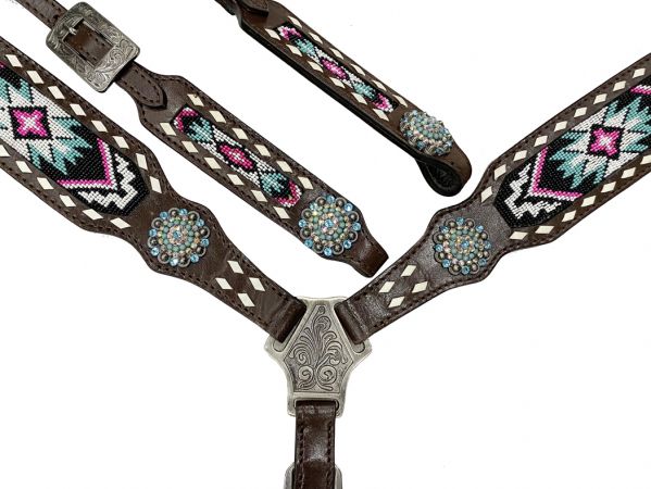 Showman Pink and Teal Beaded One Ear Headstall and Breastcollar Set with bling conchos #3