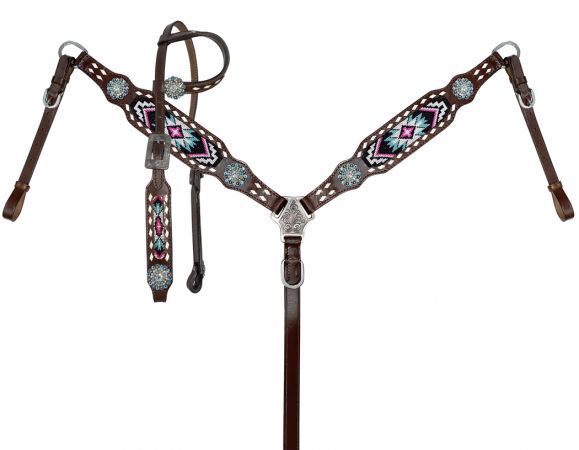Showman Pink and Teal Beaded One Ear Headstall and Breastcollar Set with bling conchos