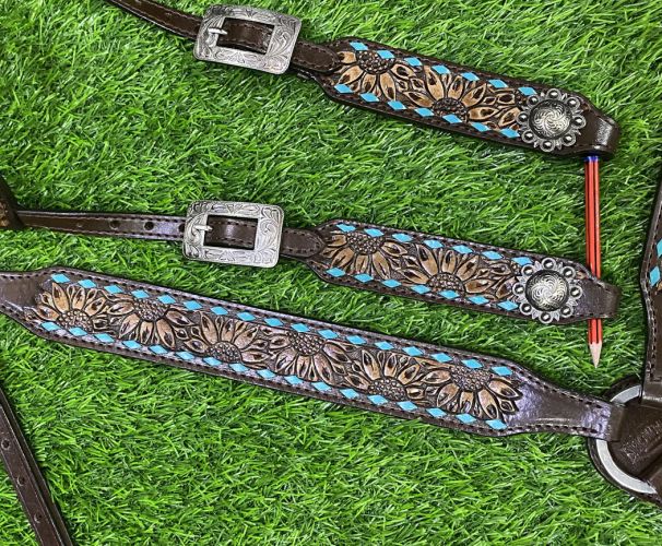 Showman Dark Oil Tooled Single Ear Headstall and Breast Collar Set with rawhide lacing #2