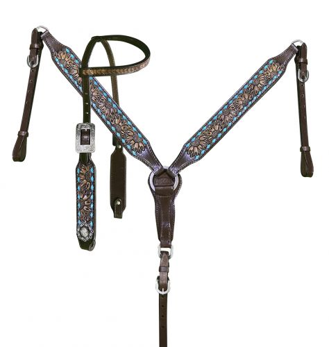 Showman Dark Oil Tooled Single Ear Headstall and Breast Collar Set with rawhide lacing