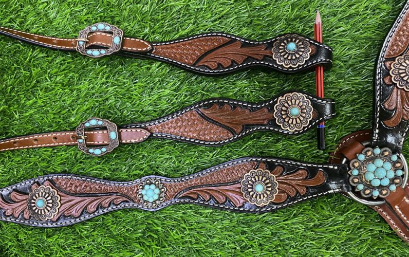 Showman Two-Tone Tooled Single Ear Headstall and Breast Collar Set with turquoise conchos #2
