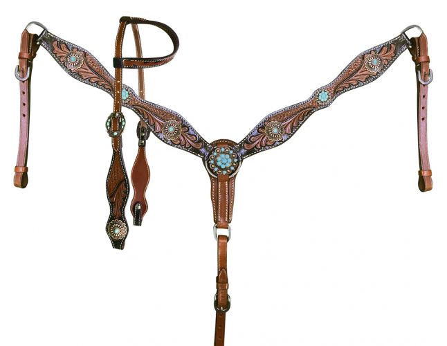Showman Two-Tone Tooled Single Ear Headstall and Breast Collar Set with turquoise conchos