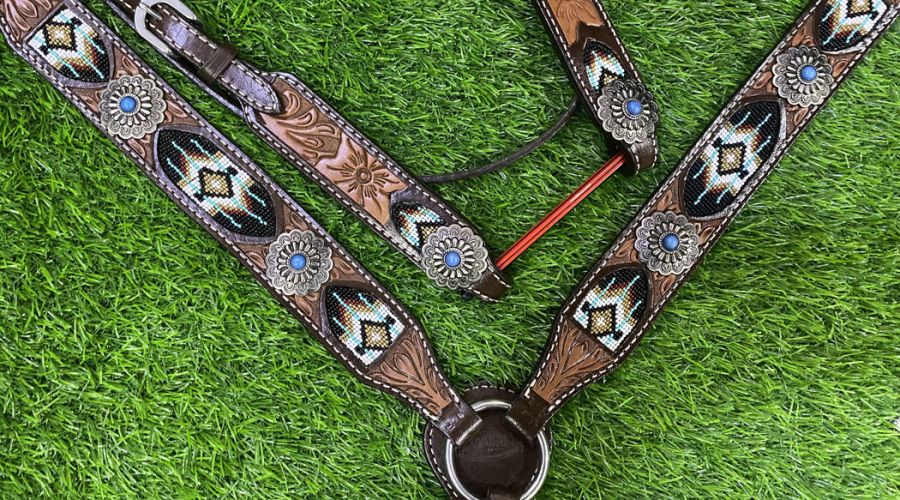 Showman Dark Oil Browband Beaded Inlay Headstall and Breast collar Set #2