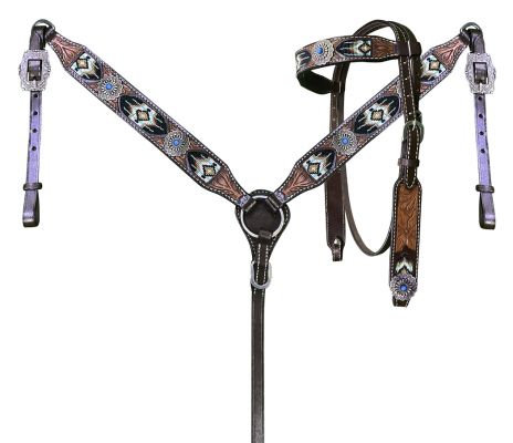 Showman Dark Oil Browband Beaded Inlay Headstall and Breast collar Set