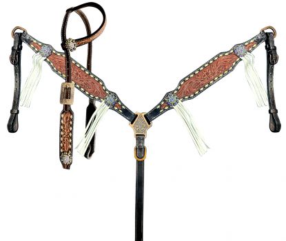 Showman Two-Tone Tooled Single Ear Headstall and Breast Collar Set with rawhide lacing and fringe accents