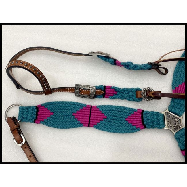 Showman Corded One Ear Headstall &amp; Breastcollar Set - Teal and Pink #2