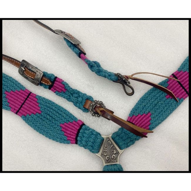 Showman Corded One Ear Headstall &amp; Breastcollar Set - Teal and Pink #3