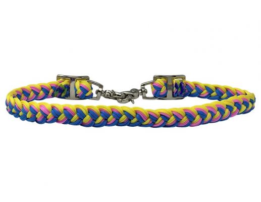 Showman Braided Nylon Wither Strap with scissor snap end - indigo, pink, and yellow