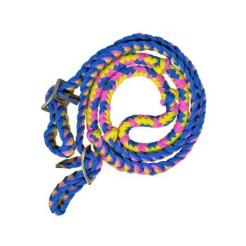 Showman Braided Nylon Barrel Reins with Easy Grip Knots - Indigo, Pink, and Yellow