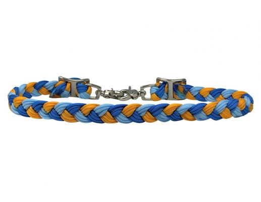 Showman Braided Nylon Wither Strap with scissor snap end - yellow, navy, and light blue