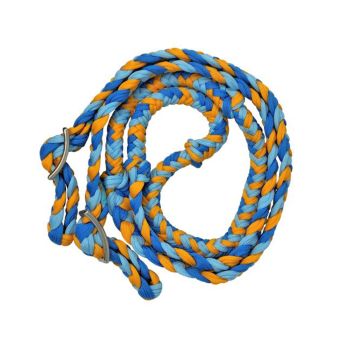 Showman Braided Nylon Barrel Reins with Easy Grip Knots - Yellow, Navy, and Light Blue