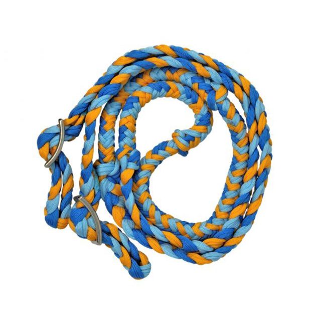Showman Braided Nylon Barrel Reins with Easy Grip Knots - Yellow, Navy, and Light Blue