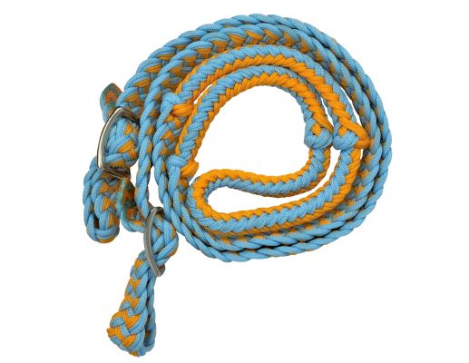 Showman Braided nylon barrel reins with easy grip knots - yellow and light blue