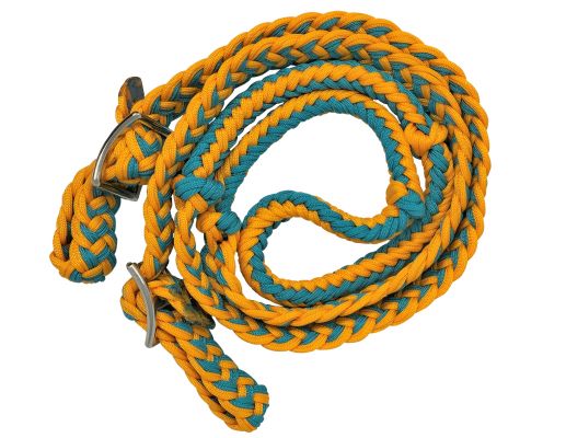 Showman Braided nylon barrel reins with easy grip knots - yellow and teal