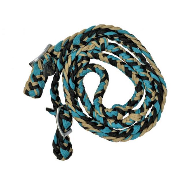 Showman Braided Nylon Barrel Reins with Easy Grip Knots - Tan, Blue, and Black