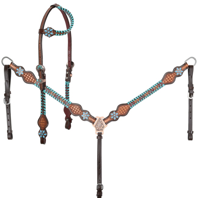 Showman Turquoise Trailblazer One Ear Headstall and Breastcollar Set