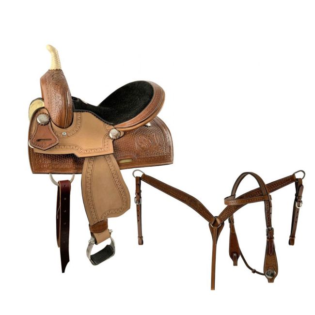 Double T Youth Hi-Back Barrel Saddle Set with Black Suede Seat - 13 Inch