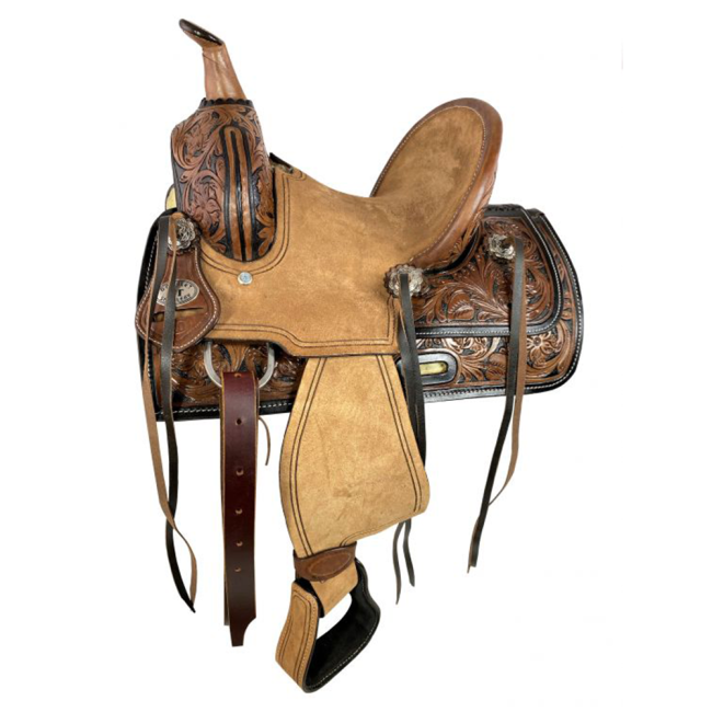 10" Double T Youth ranch style saddle with Two-Tone floral tooling