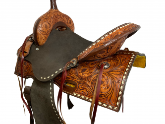 14", 15", 16" Double T Roughout Barrel Saddle With Floral Tooling and White Buckstitching #2