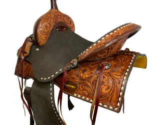 Double T Roughout Barrel Saddle with Floral Tooling and White Buckstitch - 14, 15, 16 Inch #2