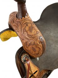 Double T Roughout Barrel Saddle with Floral Tooling and White Buckstitch - 14, 15, 16 Inch #3