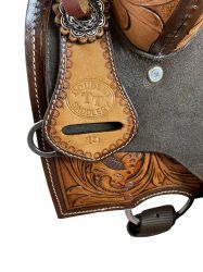 14", 15", 16" Double T Roughout Barrel Saddle With Floral Tooling and White Buckstitching #4