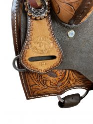 Double T Roughout Barrel Saddle with Floral Tooling and White Buckstitch - 14, 15, 16 Inch #4