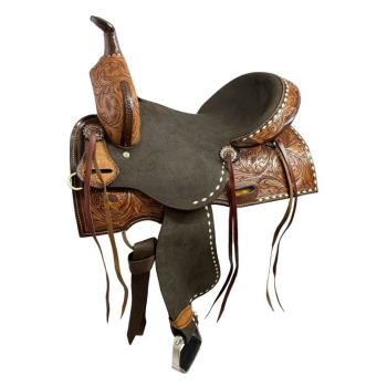 Double T Roughout Barrel Saddle with Floral Tooling and White Buckstitch - 14, 15, 16 Inch