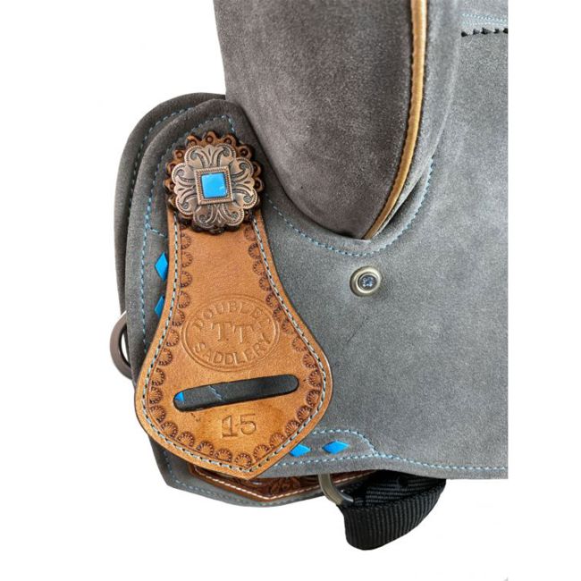 Double T Gray Suede Barrel Style Saddle with Teal Buckstitch - 15 Inch #2
