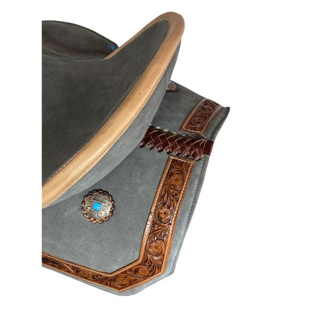 Double T Gray Suede Barrel Style Saddle with Teal Buckstitch - 15 Inch #3