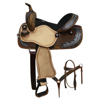Double T Barrel Style Saddle with Oak Leaf Tooling - 14, 15 Inch