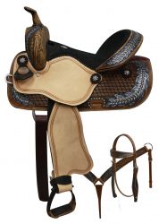 14", 15" Double T barrel style saddle with oak leaf tooled design