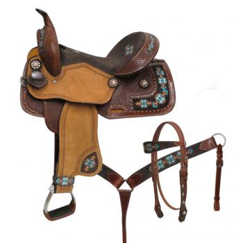 Double T Barrel Style Saddle Set with Embroidered Navajo Design - 14, 15 Inch