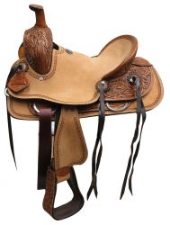 12" Double T Youth hard seat two-tone roper style saddle with floral tooling