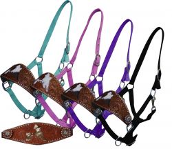 Showman nylon bronc halter with cut out hair on cowhide barrel racer